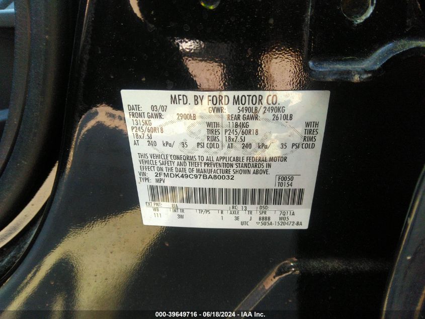 2007 Ford Edge Sel Plus VIN: 2FMDK49C97BA80032 Lot: 39649716