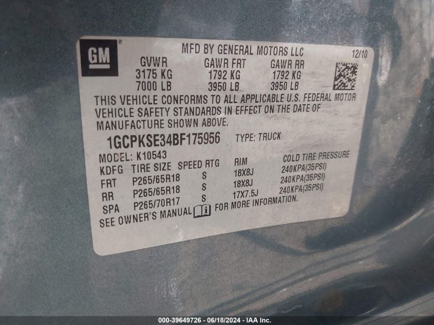 2011 Chevrolet Silverado 1500 Lt VIN: 1GCPKSE34BF175956 Lot: 39649726