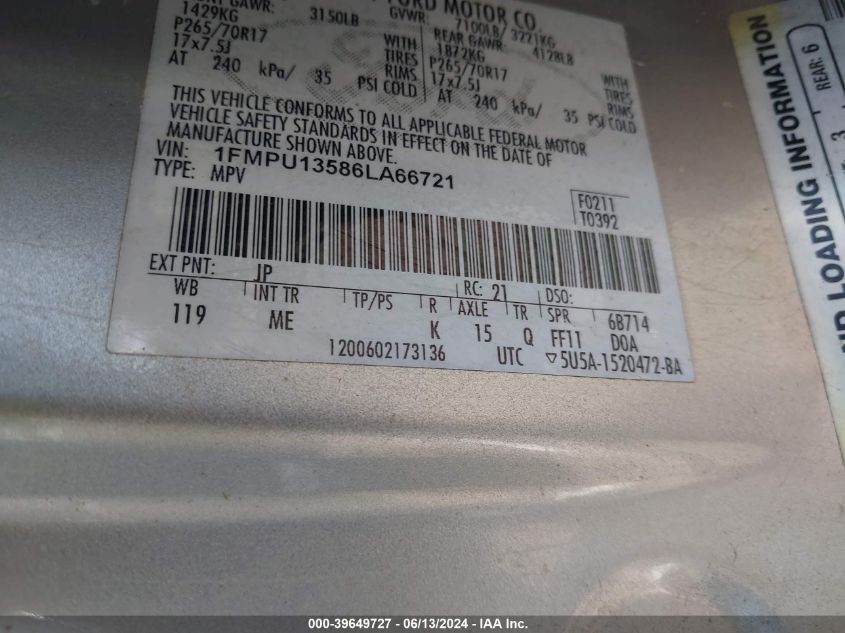 2006 Ford Expedition Xls VIN: 1FMPU13586LA66721 Lot: 39649727