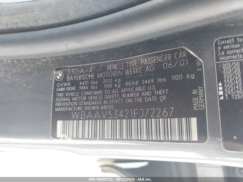 2001 BMW 330I VIN: WBAAV53421FJ72267 Lot: 39649732