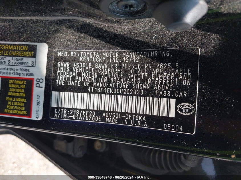 2012 Toyota Camry Se Limited Edition VIN: 4T1BF1FK9CU202933 Lot: 39649746