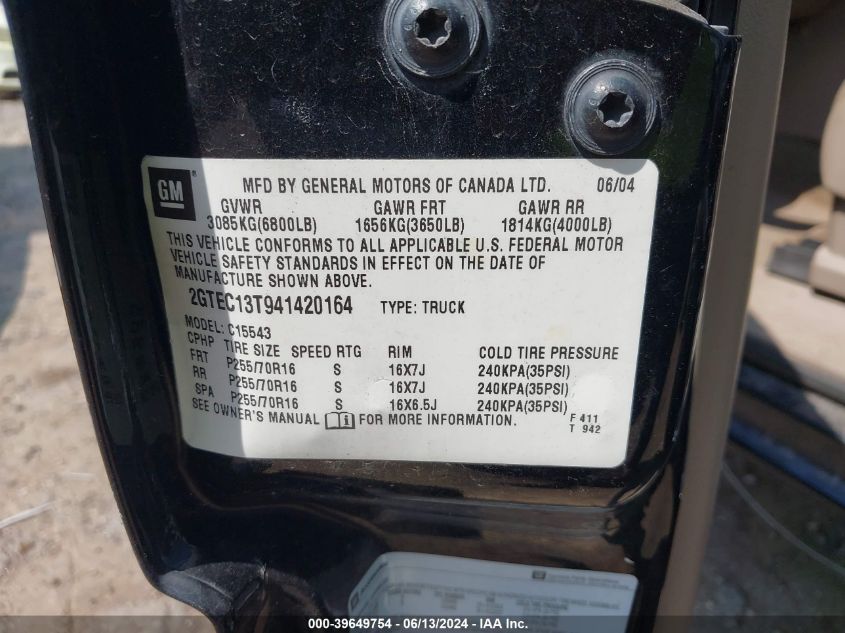 2004 GMC Sierra 1500 Slt VIN: 2GTEC13T941420164 Lot: 39649754