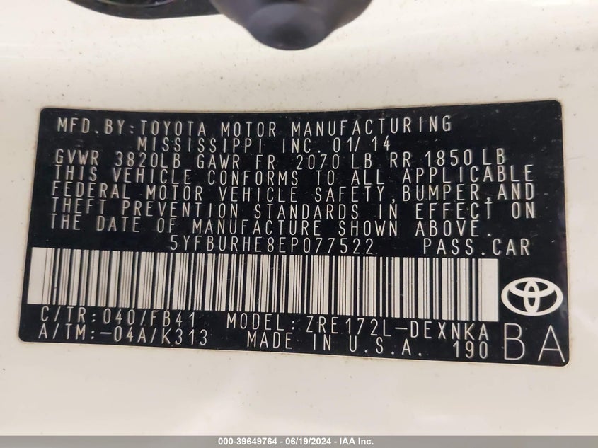 2014 Toyota Corolla Le VIN: 5YFBURHE8EP077522 Lot: 39649764