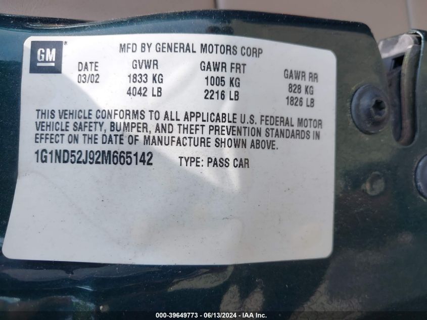 2002 Chevrolet Malibu VIN: 1G1ND52J92M665142 Lot: 39649773