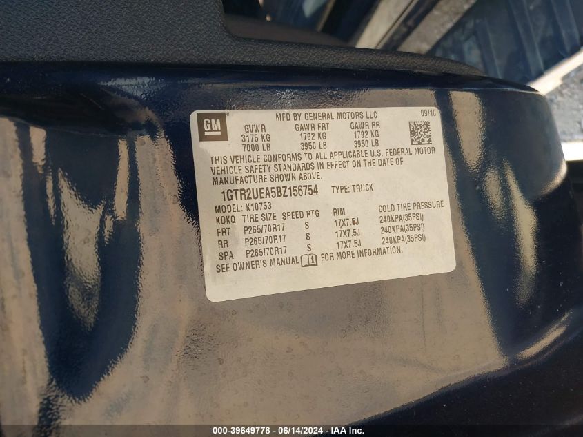 2011 GMC Sierra 1500 Sl VIN: 1GTR2UEA5BZ156754 Lot: 39649778