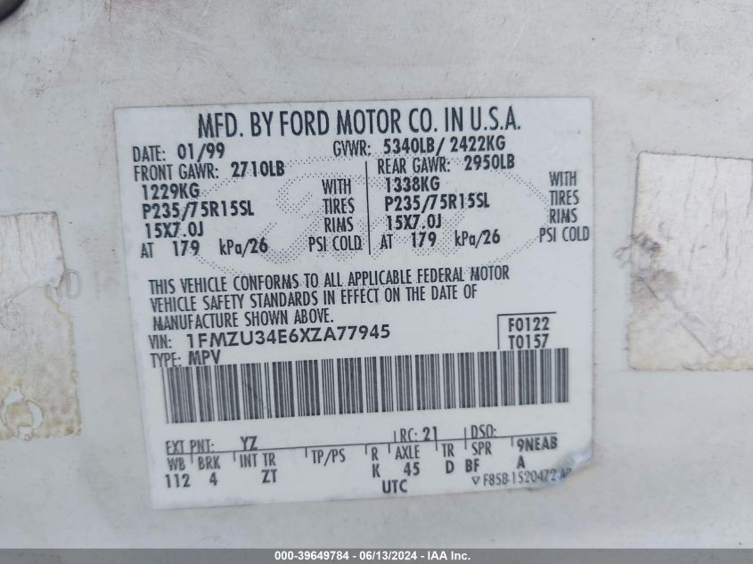 1999 Ford Explorer Eddie Bauer/Limited/Xlt VIN: 1FMZU34E6XZA77945 Lot: 39649784