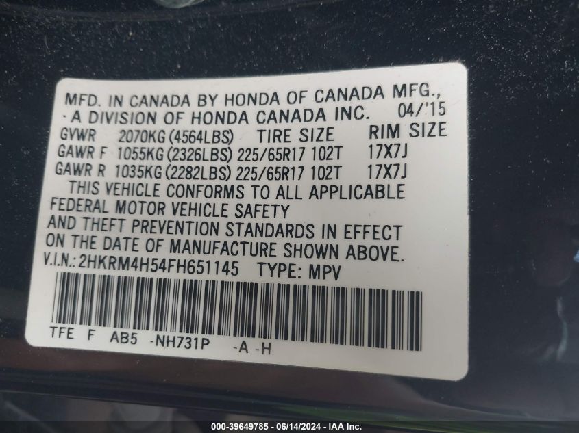 2015 Honda Cr-V Ex VIN: 2HKRM4H54FH651145 Lot: 39649785