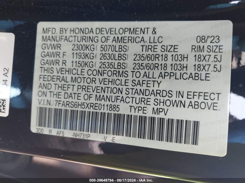 2024 Honda Cr-V Hybrid Sport VIN: 7FARS6H5XRE011885 Lot: 39649794