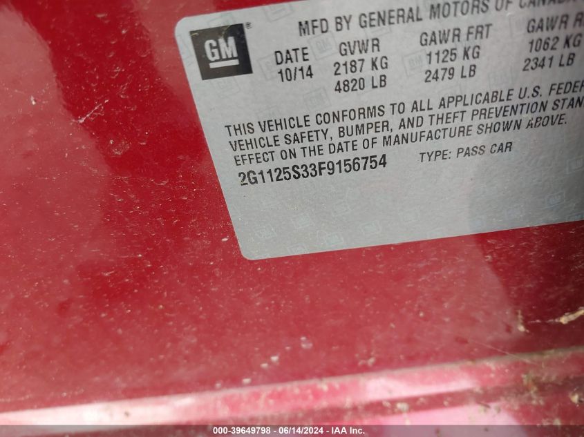 2015 Chevrolet Impala 2Lt VIN: 2G1125S33F9156754 Lot: 39649798