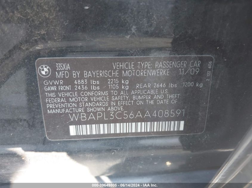 2010 BMW 335I xDrive VIN: WBAPL3C56AA408591 Lot: 39649805