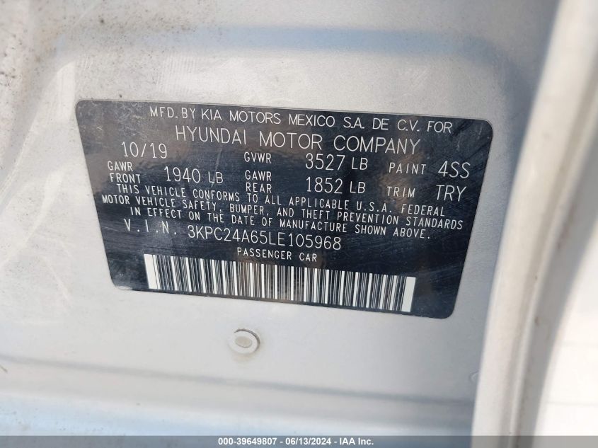 2020 Hyundai Accent Se VIN: 3KPC24A65LE105968 Lot: 39649807