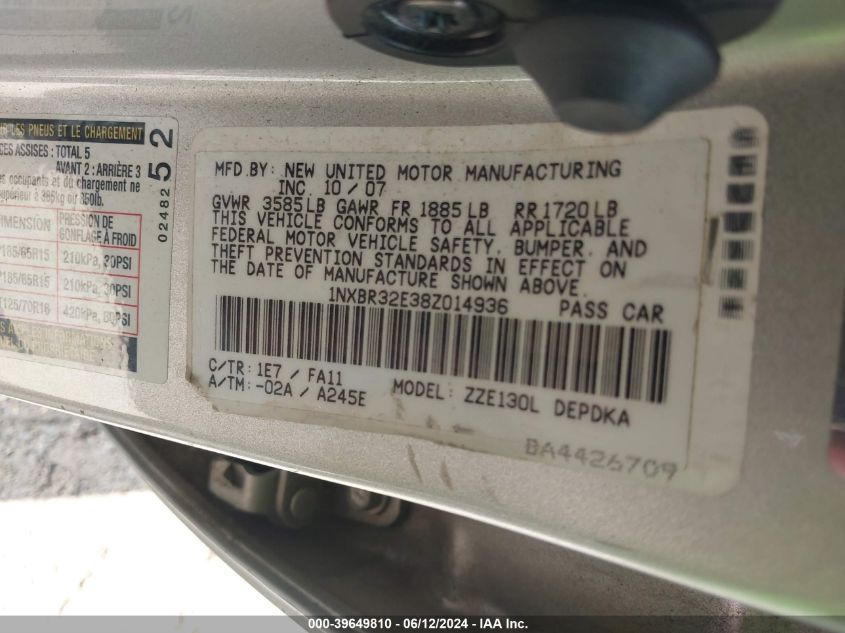 2008 Toyota Corolla Ce VIN: 1NXBR32E38Z014936 Lot: 39649810