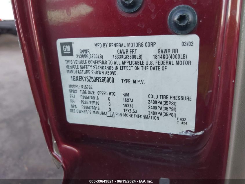 2003 Chevrolet Tahoe Ls VIN: 1GNEK13Z53R260000 Lot: 39649821