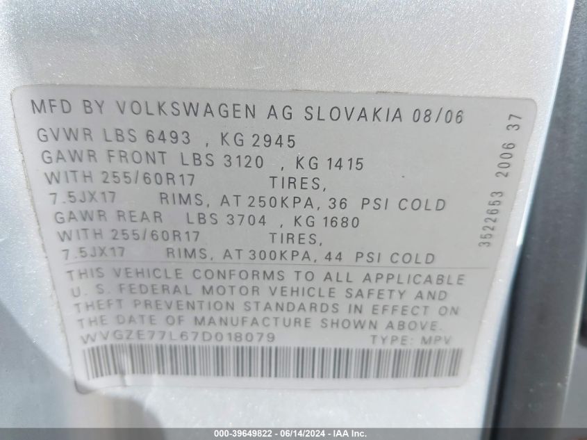 2007 Volkswagen Touareg V6 VIN: WVGZE77L67D018079 Lot: 39649822