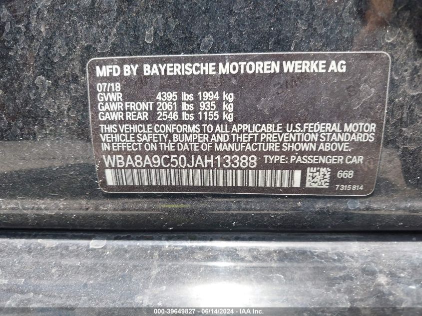 2018 BMW 320I VIN: WBA8A9C50JAH13388 Lot: 39649827