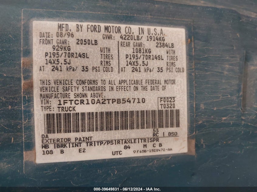1996 Ford Ranger VIN: 1FTCR10A2TPB54710 Lot: 39649831