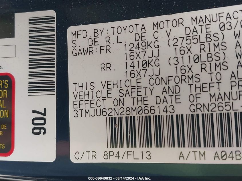 2008 Toyota Tacoma Prerunner V6 VIN: 3TMJU62N28M066143 Lot: 39649832