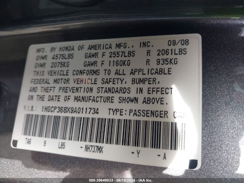 2009 Honda Accord 3.5 Ex-L VIN: 1HGCP368X9A011734 Lot: 39649833