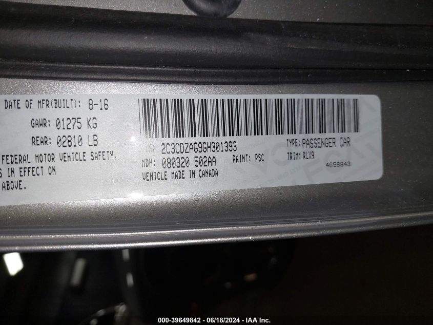 2016 Dodge Challenger Sxt Plus VIN: 2C3CDZAG9GH301393 Lot: 39649842