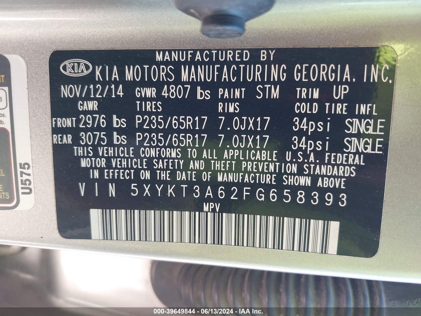 2015 Kia Sorento Lx VIN: 5XYKT3A62FG658393 Lot: 39649844