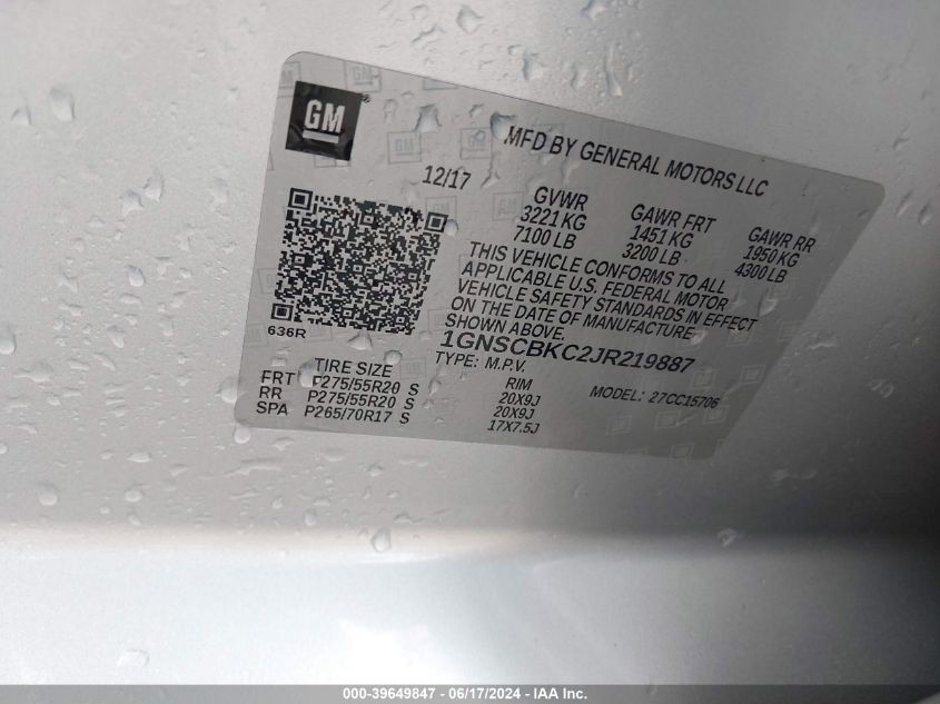 2018 Chevrolet Tahoe Lt VIN: 1GNSCBKC2JR219887 Lot: 39649847