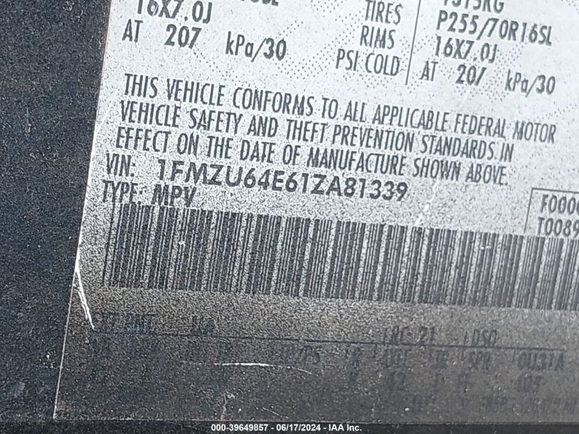 2001 Ford Explorer Eddie Bauer VIN: 1FMZU64E61ZA81339 Lot: 39649857