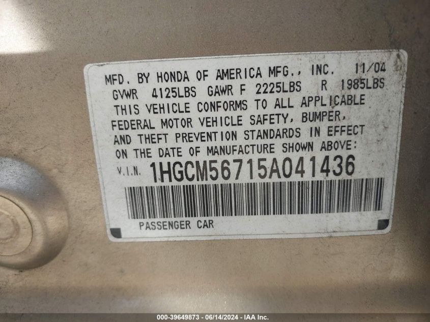 2005 Honda Accord 2.4 Ex VIN: 1HGCM56715A041436 Lot: 39649873