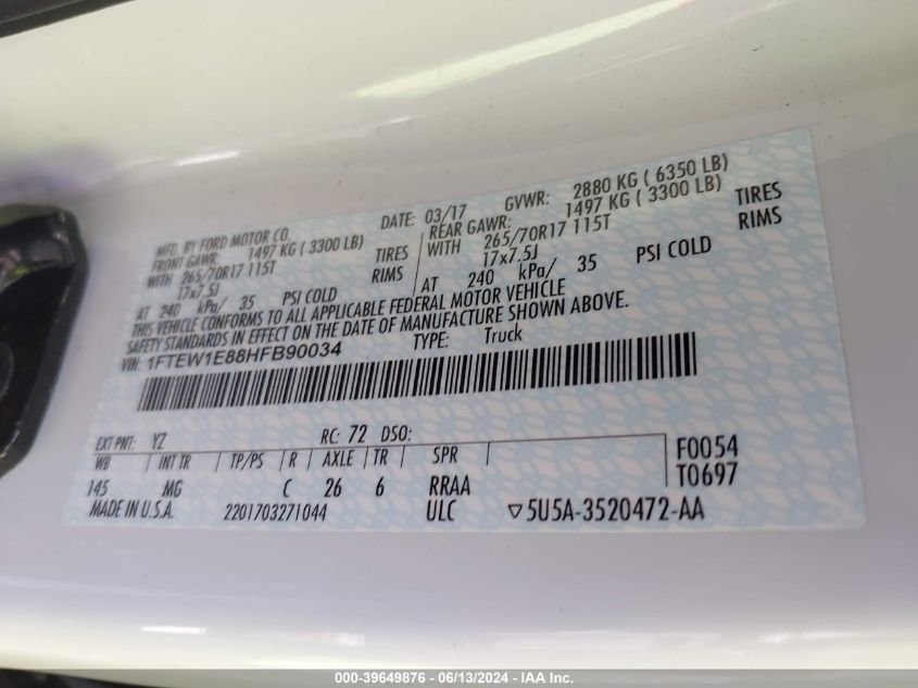 2017 Ford F-150 Xlt VIN: 1FTEW1E88HFB90034 Lot: 39649876