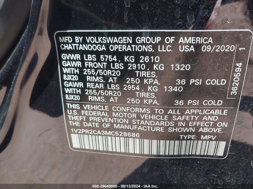 2021 Volkswagen Atlas 3.6L V6 Se W/Technology R-Line VIN: 1V2PR2CA3MC528686 Lot: 39649880