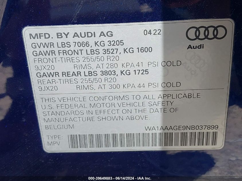 2022 Audi E-Tron Premium Quattro VIN: WA1AAAGE9NB037899 Lot: 39649883