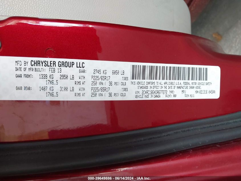 2013 Chrysler Town & Country Touring VIN: 2C4RC1BG4DR677272 Lot: 39649886