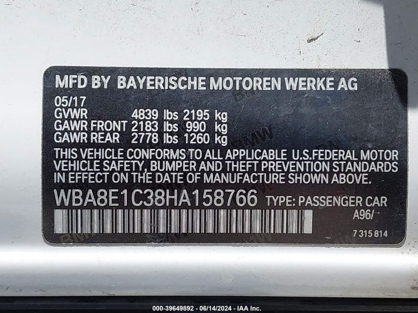 2017 BMW 330E Iperformance VIN: WBA8E1C38HA158766 Lot: 39649892