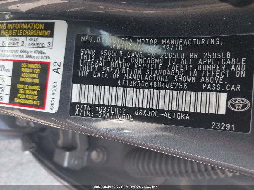 2011 Toyota Avalon VIN: 4T1BK3DB4BU406256 Lot: 39649895