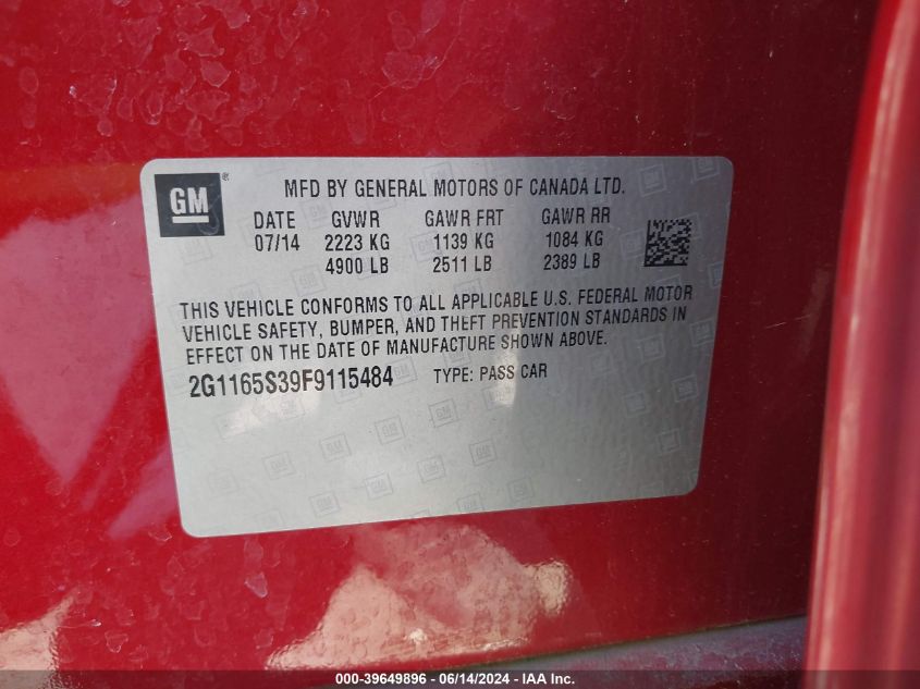 2015 Chevrolet Impala 2Lz VIN: 2G1165S39F9115484 Lot: 39649896