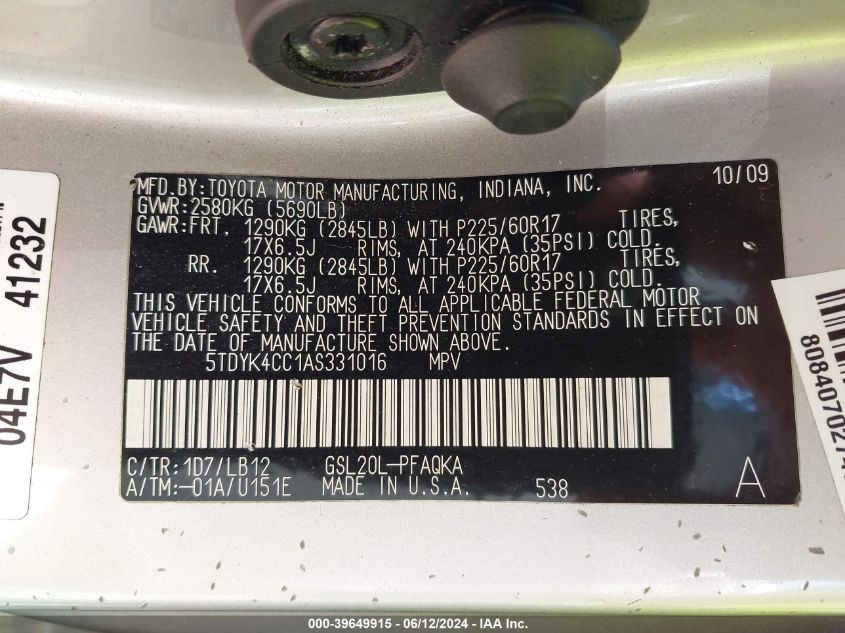 2010 Toyota Sienna Xle VIN: 5TDYK4CC1AS331016 Lot: 39649915