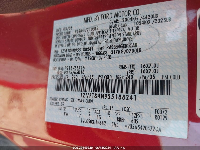 2005 Ford Mustang VIN: 1ZVFT84N955188241 Lot: 39649920