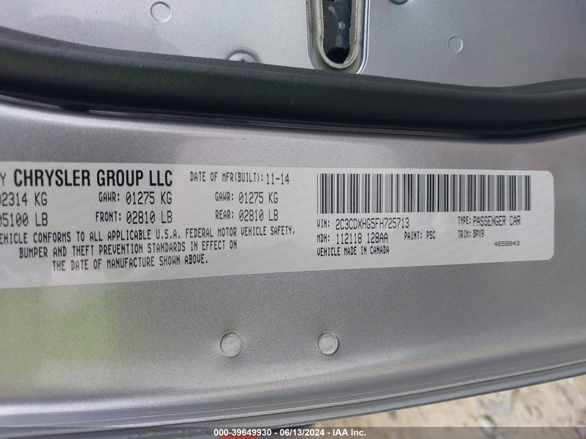 2015 Dodge Charger Sxt VIN: 2C3CDXHG5FH725713 Lot: 39649930