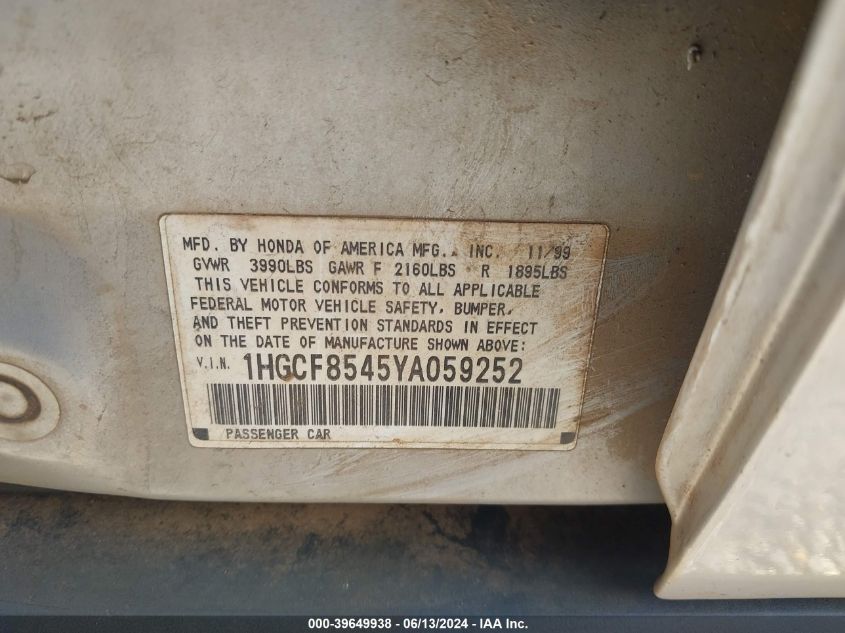 2000 Honda Accord 2.3 Dx VIN: 1HGCF8545YA059252 Lot: 39649938