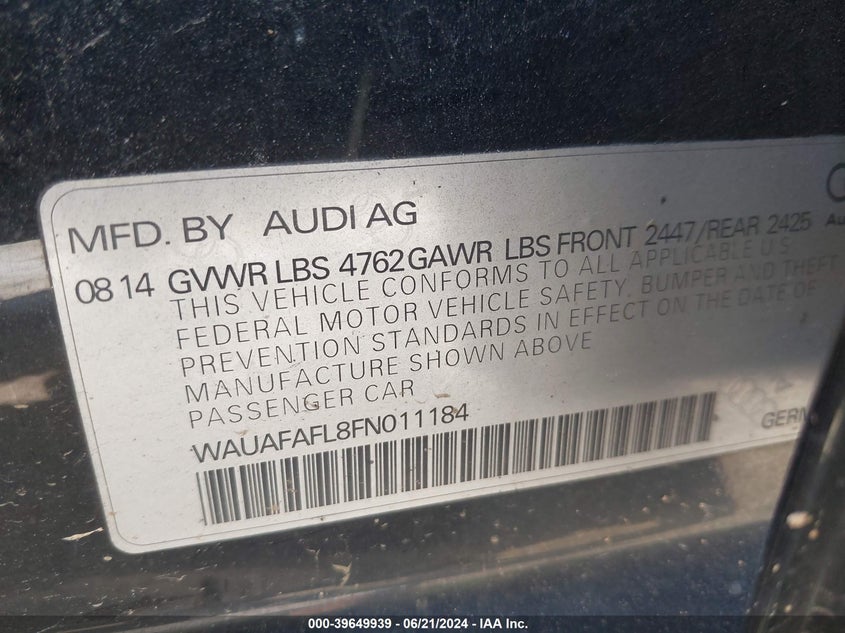 2015 Audi A4 Premium VIN: WAUAFAFL8FN011184 Lot: 39649939