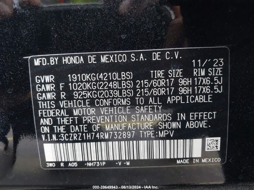 2024 Honda Hr-V 2Wd Ex-L/2Wd Ex-L W/O Bsi VIN: 3CZRZ1H74RM732897 Lot: 39649943