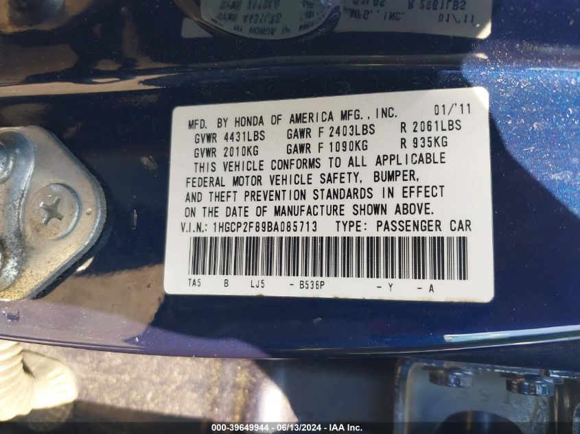 2011 Honda Accord 2.4 Ex-L VIN: 1HGCP2F89BA085713 Lot: 39649944