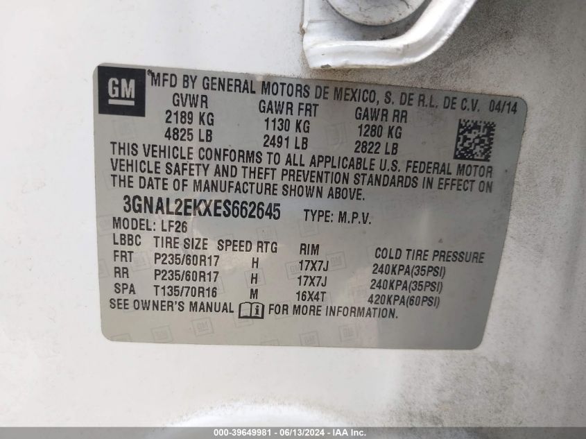 2014 Chevrolet Captiva Sport 2Ls VIN: 3GNAL2EKXES662645 Lot: 39649981