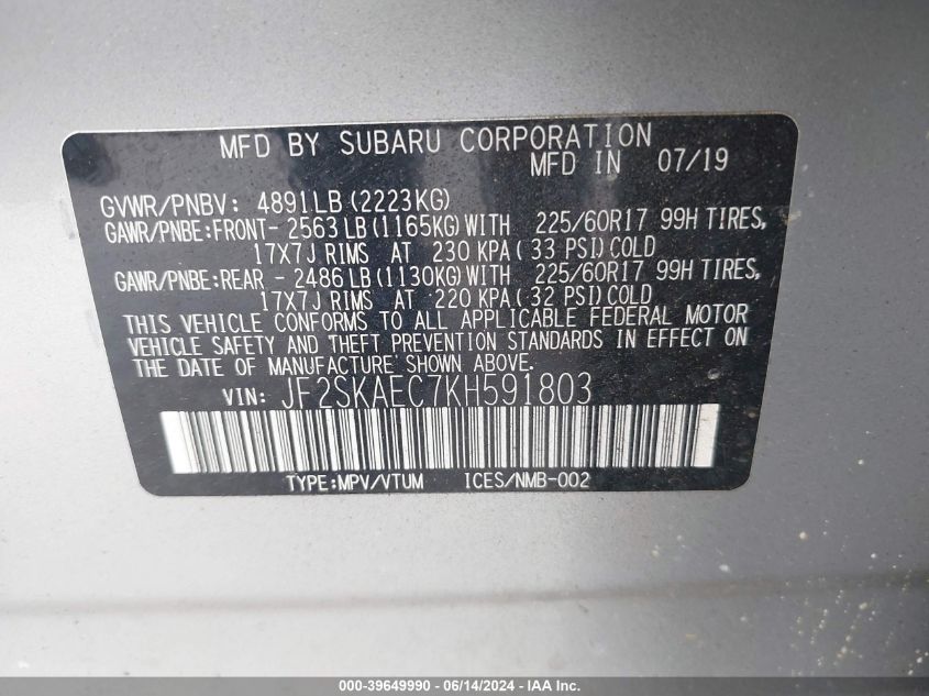 2019 Subaru Forester Premium VIN: JF2SKAEC7KH591803 Lot: 39649990
