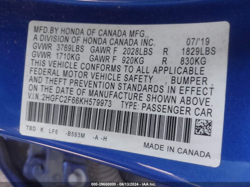 2019 Honda Civic Lx VIN: 2HGFC2F66KH579973 Lot: 39650000