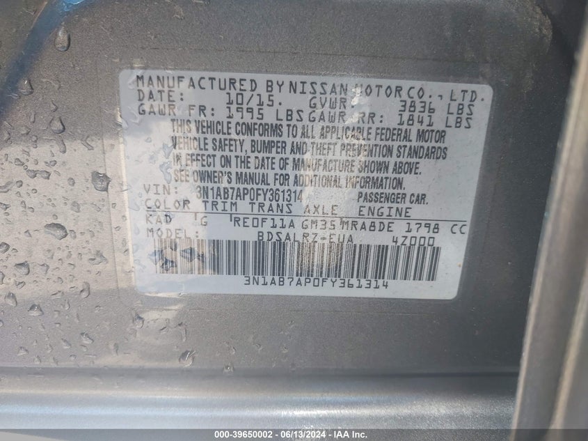 2015 Nissan Sentra Sr VIN: 3N1AB7AP0FY361314 Lot: 39650002