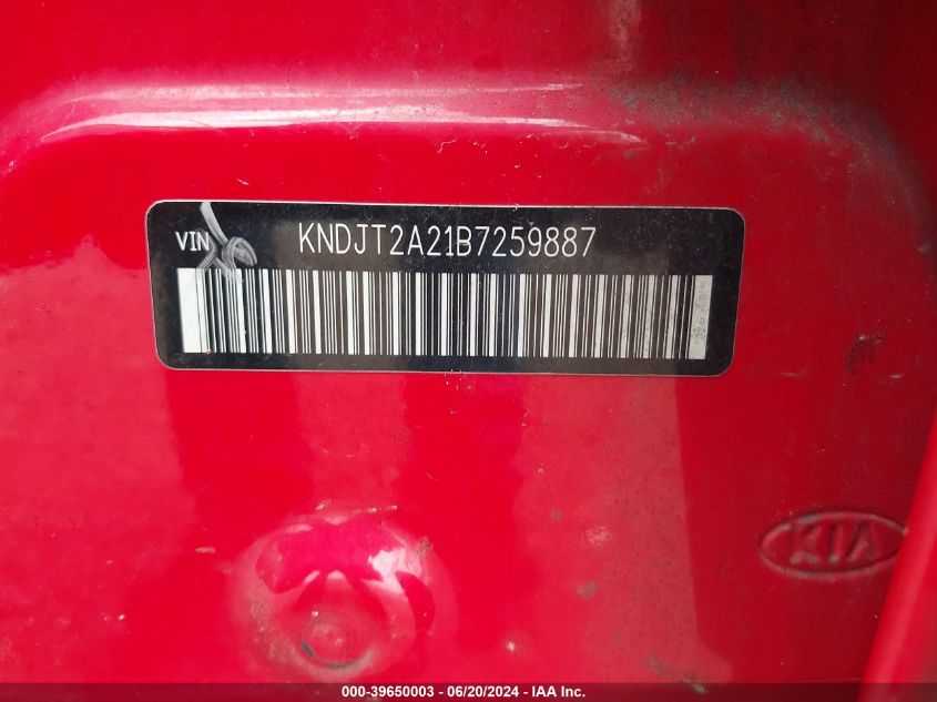 2011 Kia Soul + VIN: KNDJT2A21B7259887 Lot: 39650003