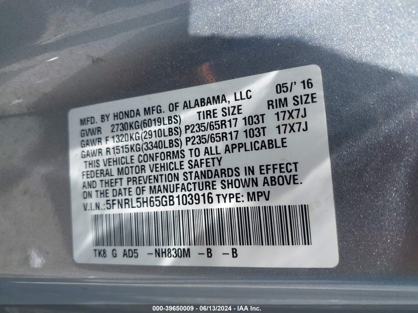 2016 Honda Odyssey Ex-L VIN: 5FNRL5H65GB103916 Lot: 39650009