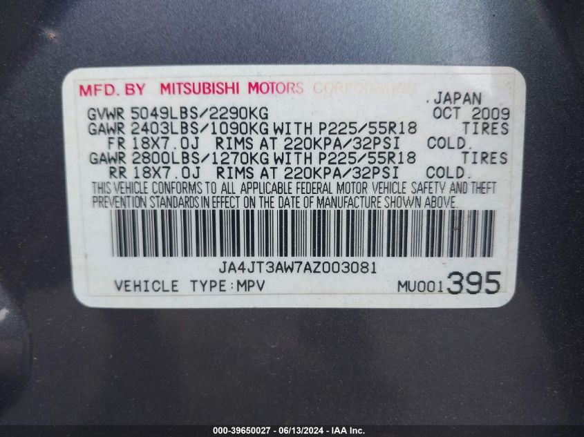 2010 Mitsubishi Outlander Se VIN: JA4JT3AW7AZ003081 Lot: 39650027