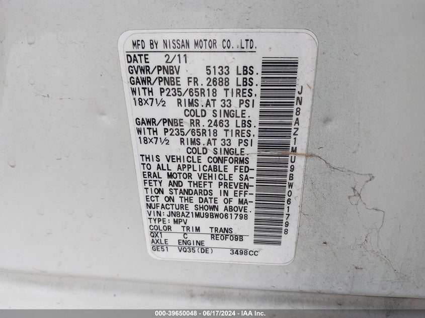 2011 Nissan Murano S VIN: JN8AZ1MU9BWU9AW06 Lot: 39650048