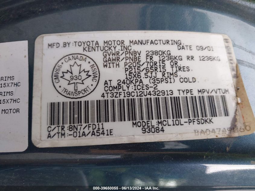 2002 Toyota Sienna Ce VIN: 4T3ZF19C12U432913 Lot: 39650055